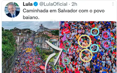 Lula publica foto com apoiadores em Salvador e seguidores notam que pessoas estão duplicadas para aumentar o público presente