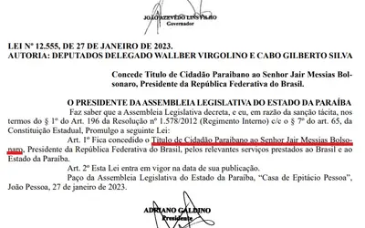 Titulo de cidadania paraibana concedida a Jair Bolsonaro é publicado no Diário Oficial