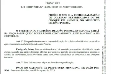 Lei nº 14.838: Prefeito Cícero sanciona Lei do Vereador Guga que proíbe o uso e a comercialização de coleiras eletrificadas em Animais