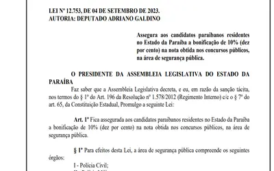 Entra em vigor Lei que concede bonificação de 10% para paraibanos em concursos para Segurança Pública